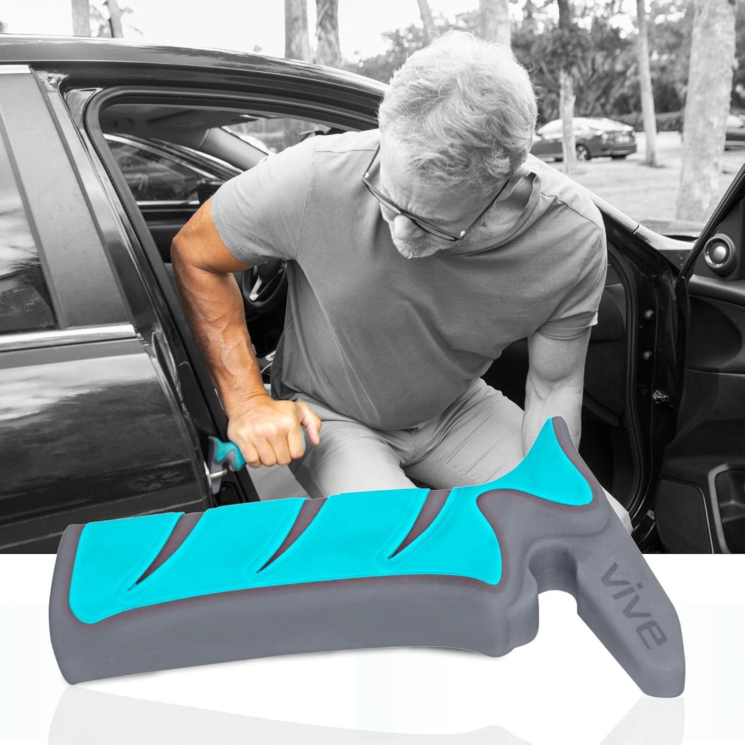 A senior with balance and vision impairment issue is using a car door handle assist to get off the car