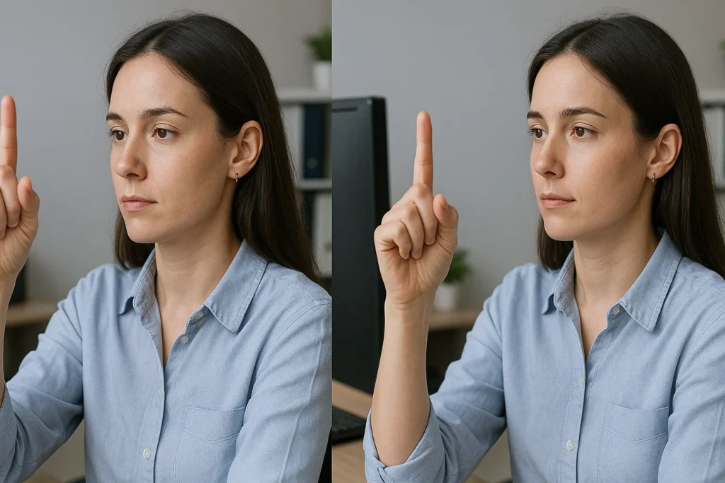 a lady is doing eye exercise to reduce eye strain 