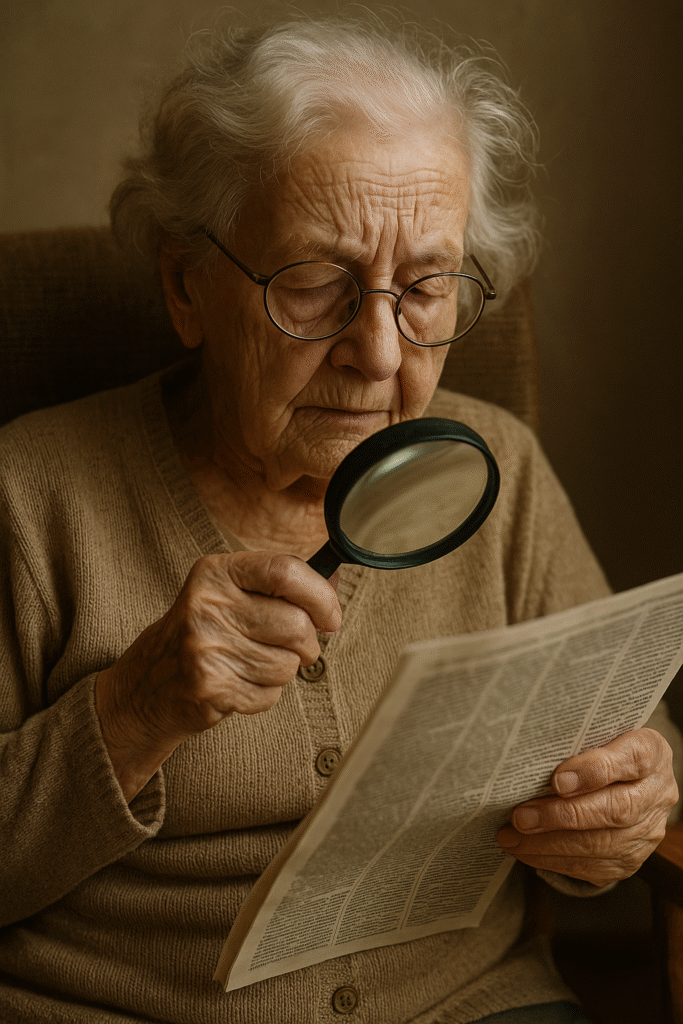 an old lady sitting on a chair using a magnifying glasses and trying to read a newspaper.