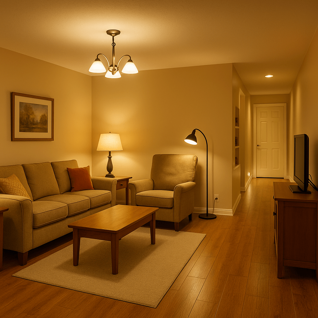 An inviting living room with bright ambient lighting, task lights for reading, and motion-sensor lights in hallways for enhanced visibility and safe navigation