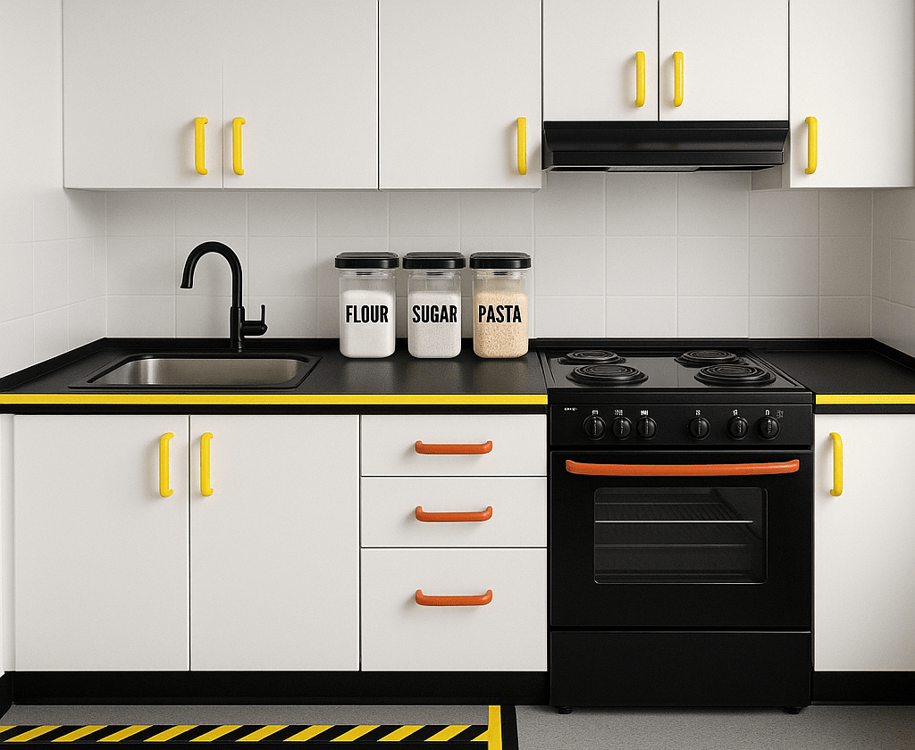 A modern kitchen with dark countertops and white cabinets for contrast, bright yellow edge markers on step areas, and large-print labels on pantry containers.