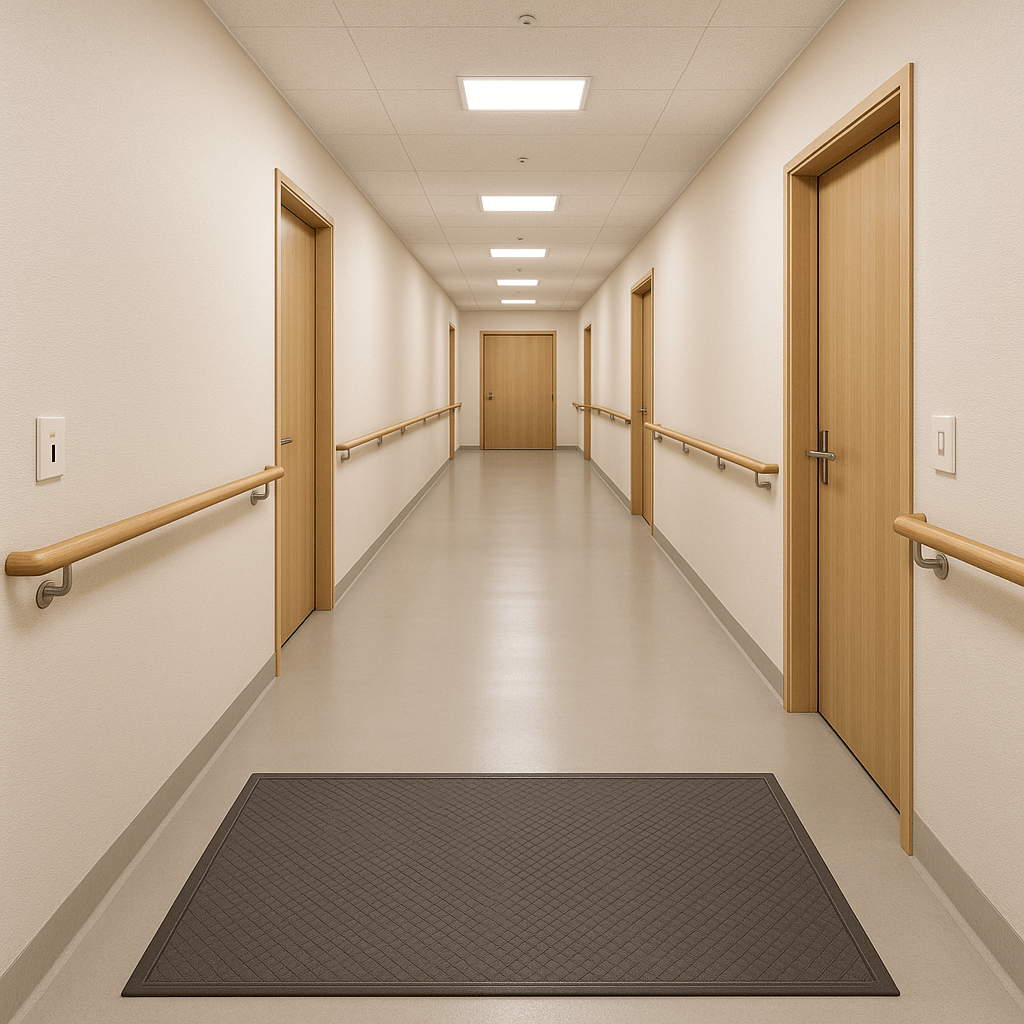 A wide, clutter-free hallway with smooth flooring, handrails on both sides, and non-slip mats for easy navigation and safety.