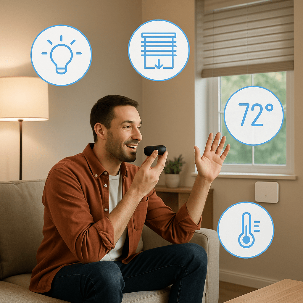 A person using voice commands to adjust smart lights, open automated blinds, and control a smart thermostat. Demonstrate hands-free convenience for low vision accessibility.