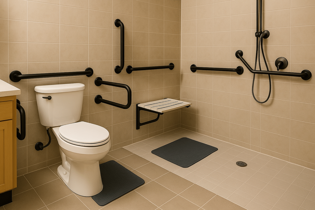 Display a bathroom with key safety features: grab bars near the toilet and shower, non-slip mats, and a walk-in shower with a foldable sea