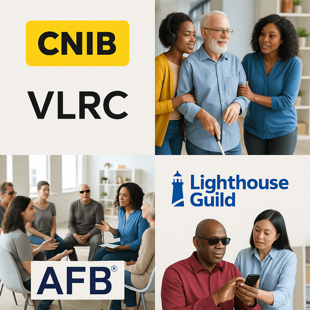 Logos of CNIB, VLRC, AFB, and Lighthouse Guild with brief clips of community support programs.
