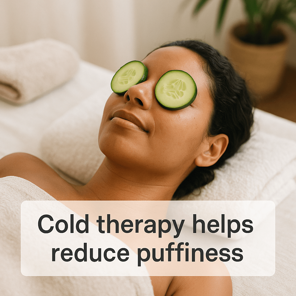 A relaxed woman with medium skin tone lying back with cold cucumber slices on her eyes, in a spa-like setting.