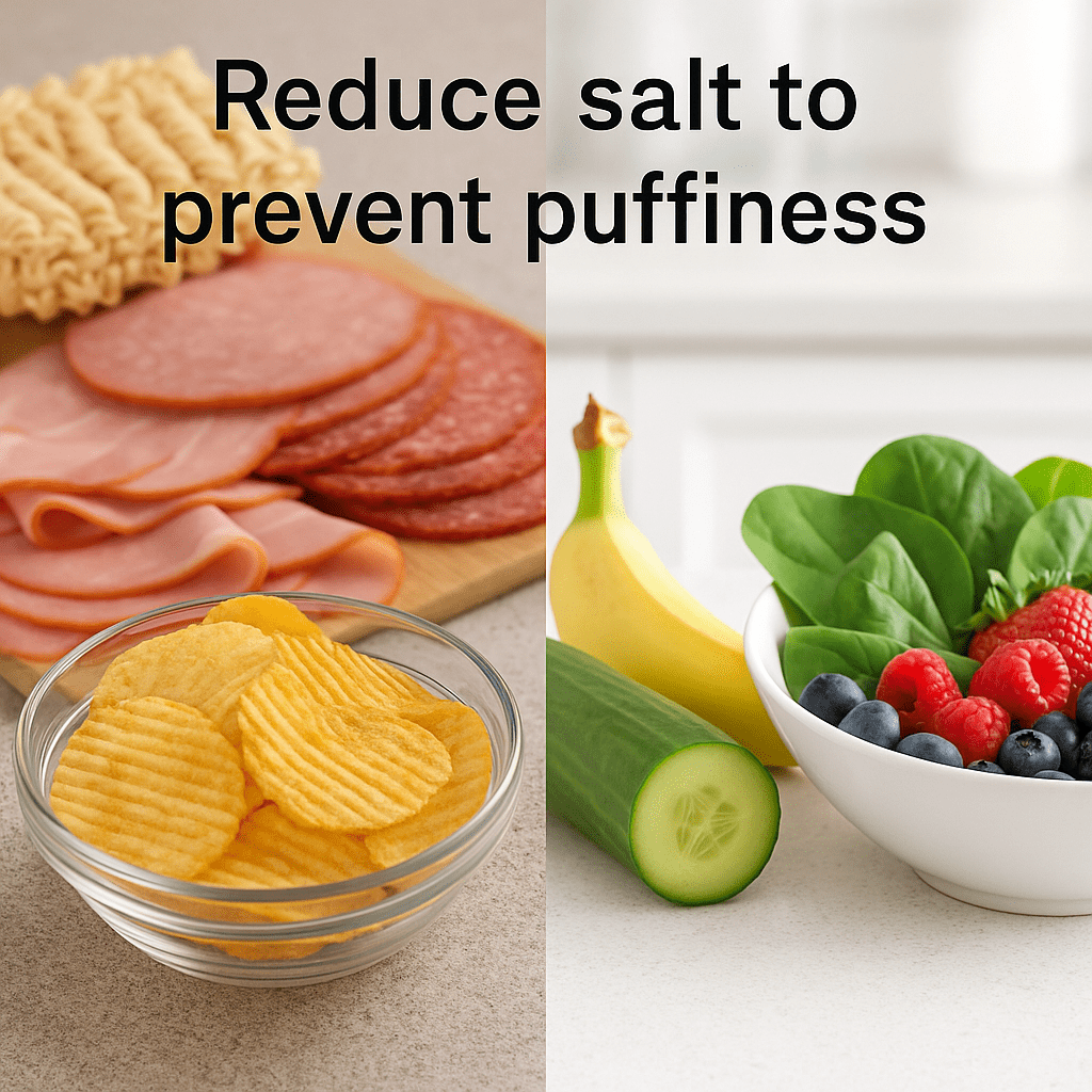Split-screen image. Left side shows salty processed foods (chips, deli meats, ramen noodles). Right side shows hydrating, anti-inflammatory foods (cucumber, banana, spinach, berries) on a clean kitchen counter. Bright, fresh lighting. Caption text overlay: “Reduce salt to prevent puffiness.”