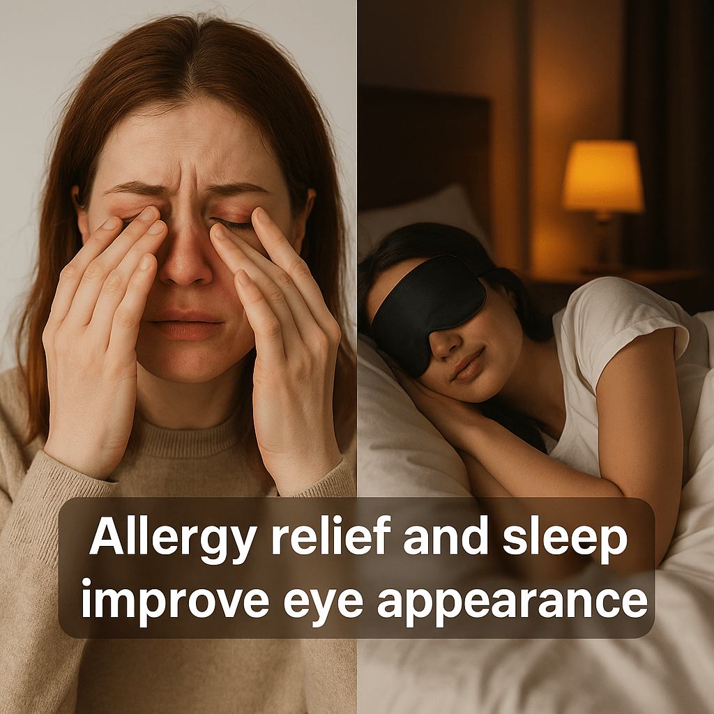 Split image. One half shows a woman with red, itchy eyes from allergies, rubbing her face. The other half shows a peaceful woman sleeping with an eye mask in a dark bedroom. Cozy bedding, warm lighting. Health and wellness lifestyle image. Caption overlay: “Allergy relief and sleep improve eye appearance.”