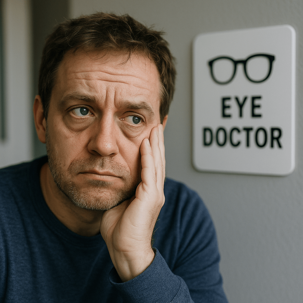 create a real image of a person has under eye bags and thinkning to see an eye doctor for treatment