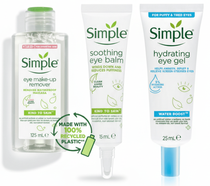 "A trio of 'Simple' brand eye care products. From left to right: a bottle of eye make-up remover, a tube of soothing eye balm, and a tube of hydrating eye gel. A green recycling logo with 'MADE WITH 100% RECYCLED PLASTIC**' is positioned between the make-up remover and eye balm."