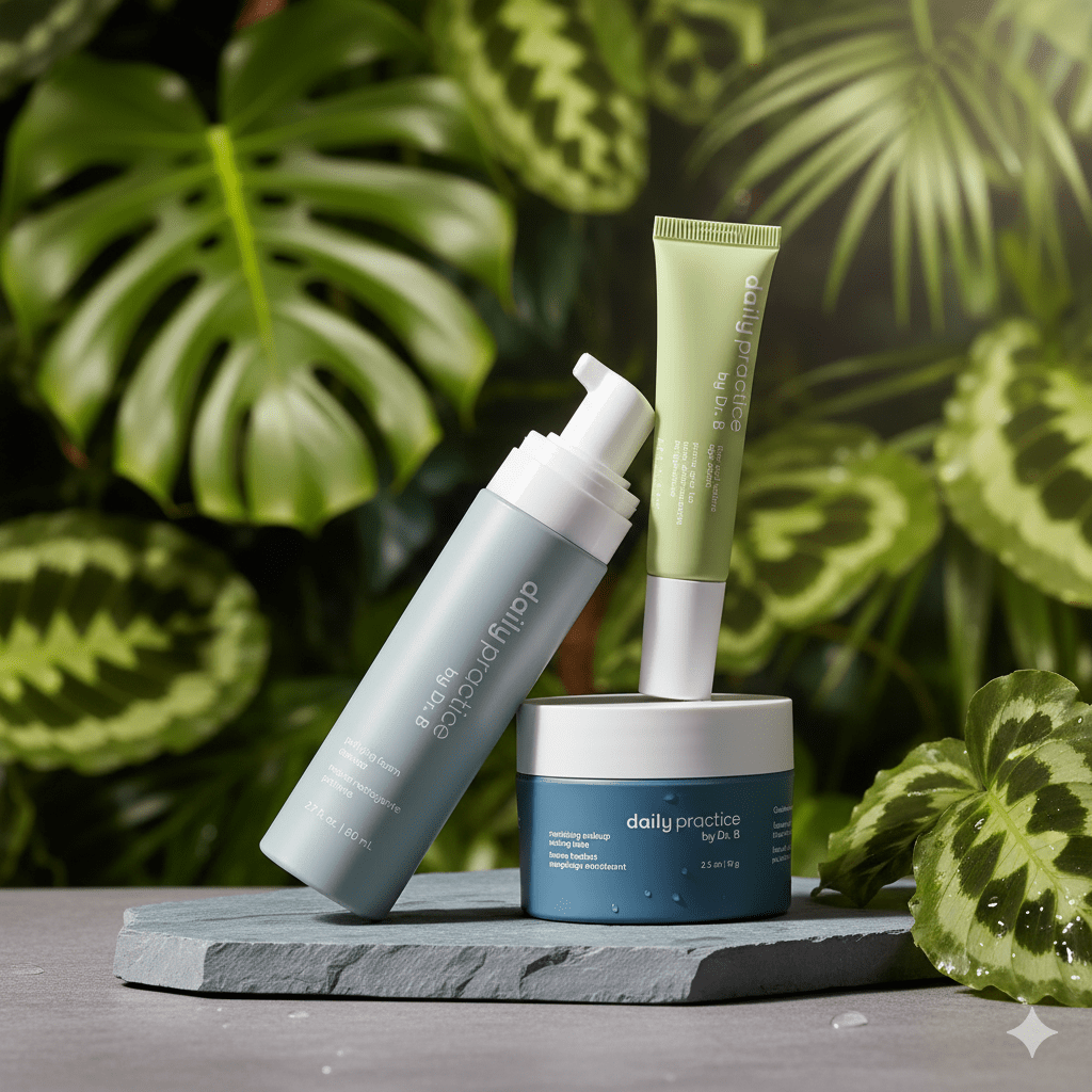 Daily Practice by Dr. B purifying foam cleanser, nourishing makeup melting balm, and eye serum on a slate surface with lush green tropical leaves in the background.