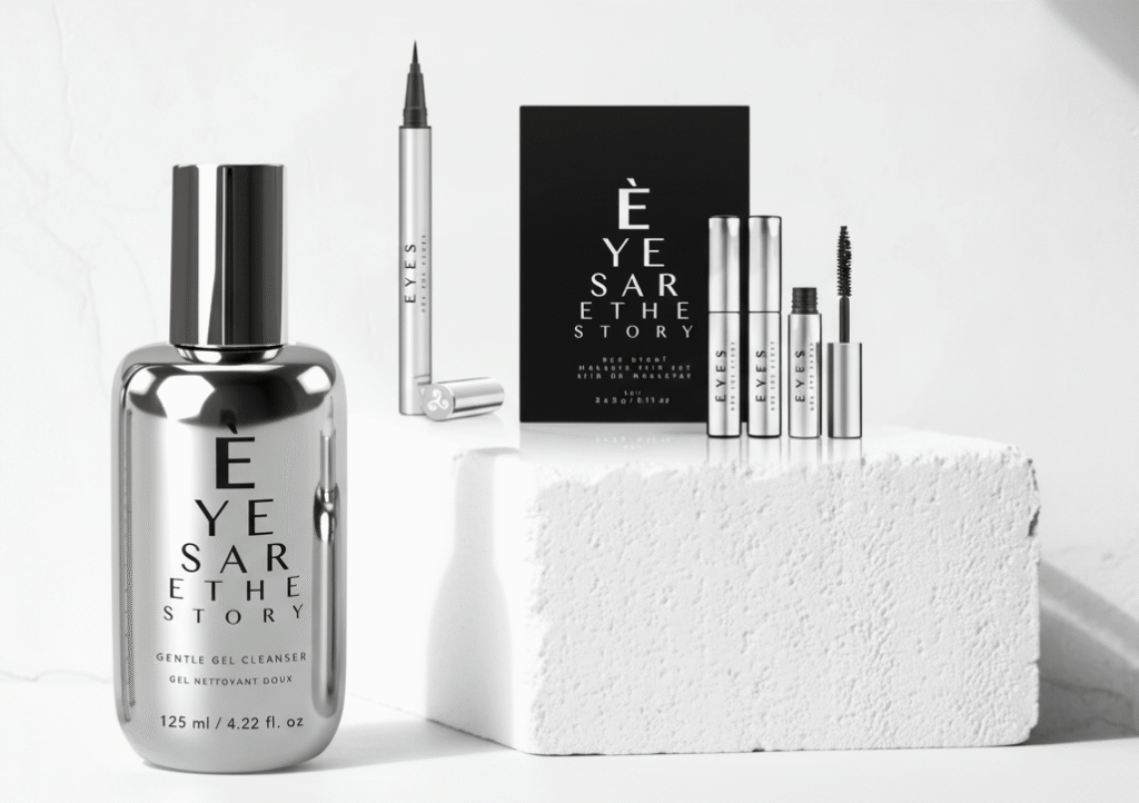 An 'Eyes Are The Story' eye care and makeup collection featuring a cleanser, eyeliner, and mascara set.