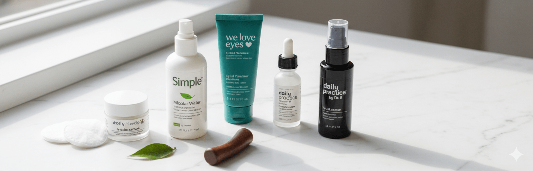 Various skincare products from Simple, We Love Eyes, Daily Practice by Dr. B, and Twenty/Twenty Beauty arranged on a marble surface near a window
