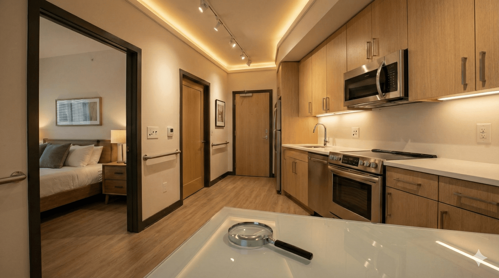 shows a brightly lit, accessible home environment. It features a kitchen area with light wood cabinets, stainless steel appliances, and under-cabinet lighting. There is also a hallway with grab bars on the wall. In the foreground, a magnifying glass rests on a table.