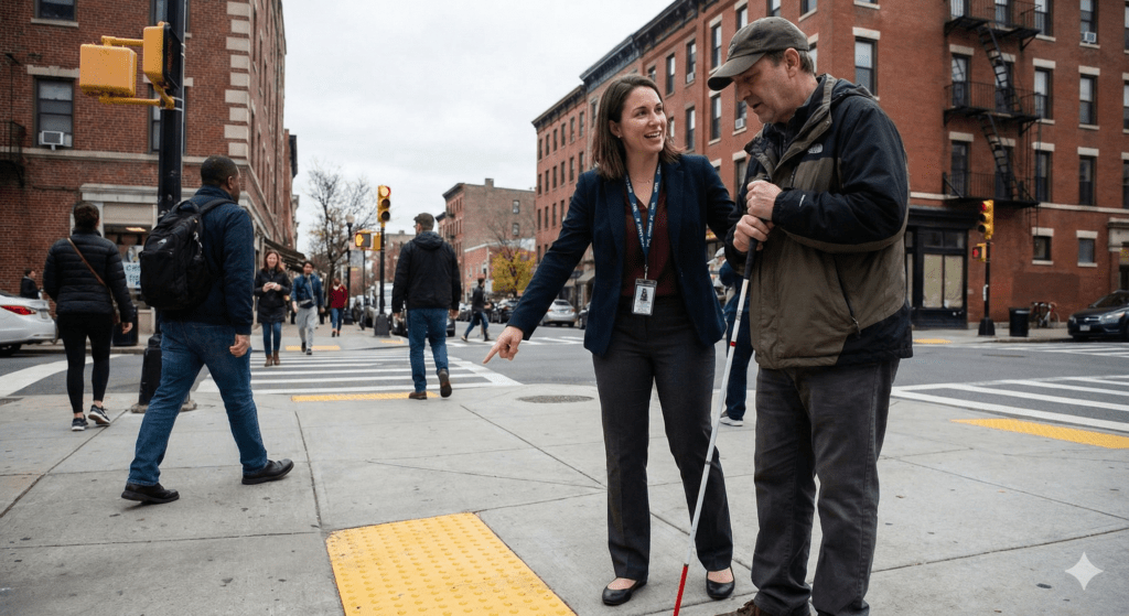 A candid photo of a Certified Orientation and Mobility Specialist (a woman in professional attire) instructing a male client with visual impairment. They are standing at a street corner intersection. The specialist is gesturing gently towards a tactile paving surface on the ground, and the client is holding a white cane, listening intently. The mood is collaborative and educational.