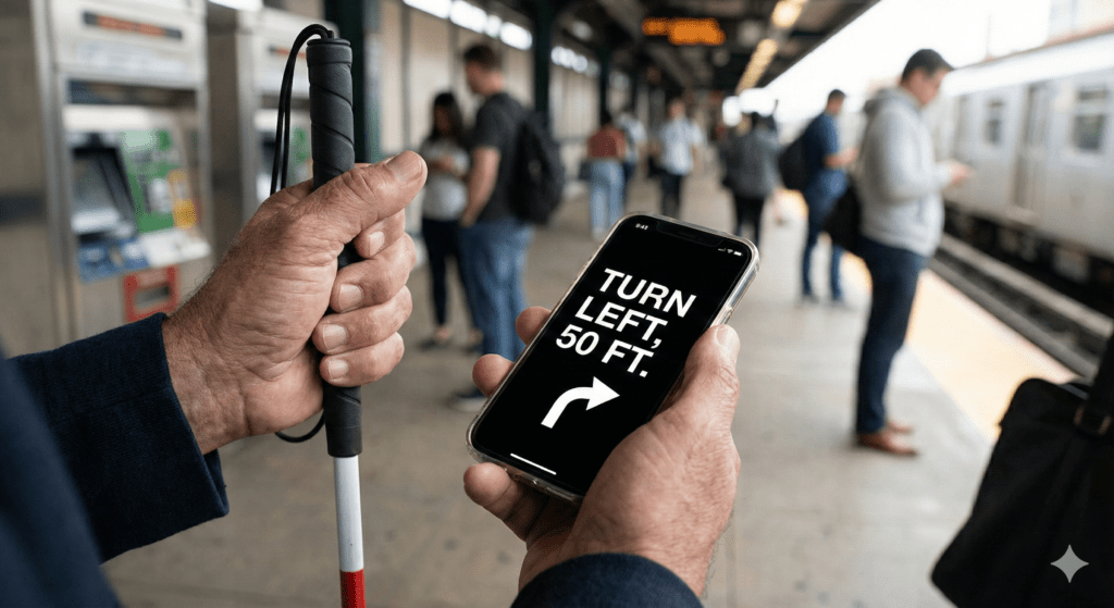 A close-up, detailed shot of a person's hands holding two distinct navigation tools. One hand holds the grip of a traditional white mobility cane, while the other hand holds a modern smartphone displaying a high-contrast GPS navigation app with large text. The background is a slightly out-of-focus transit station.
