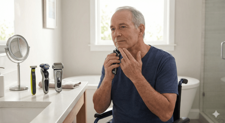 A senior man with low vision sitting in a bathroom, carefully using an electric shaver on his chin while using his other hand for tactile guidance. Several recommended electric shavers, including foil and rotary models, are visible on the counter.