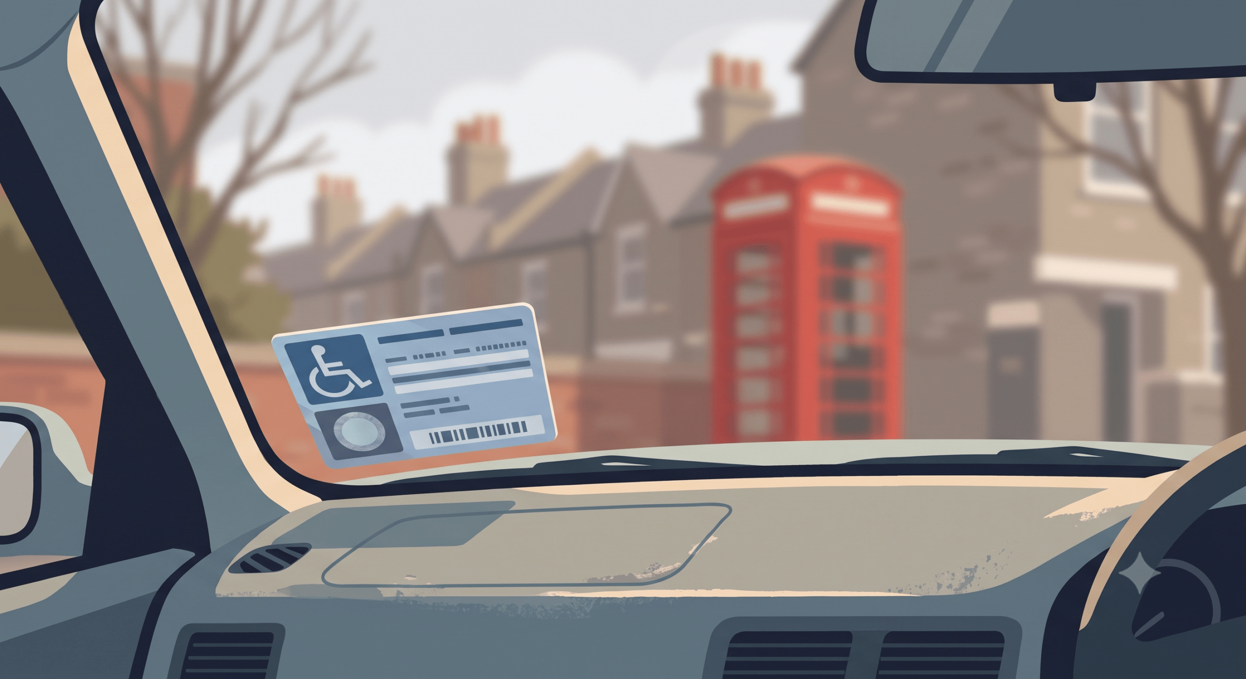 Blue Badge disability parking permit displayed on a car dashboard in the UK