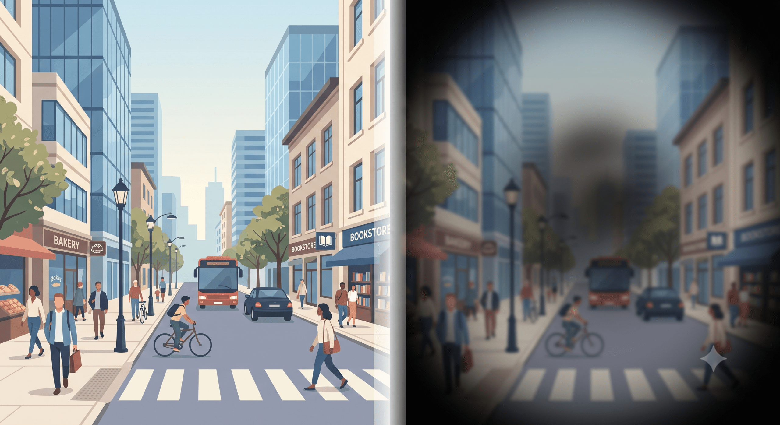 Illustration comparing normal vision to low vision with blurred and narrowed field of view