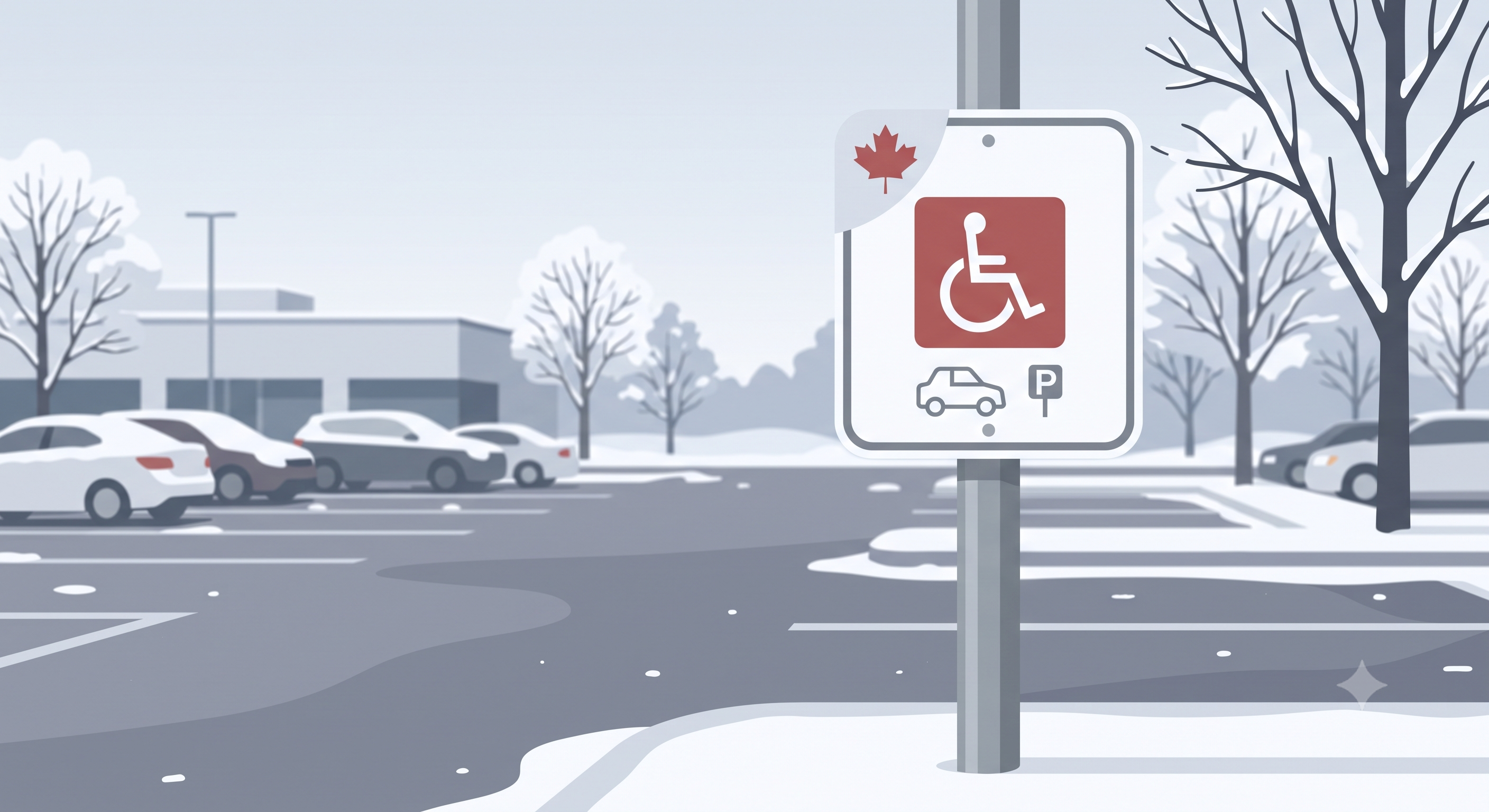 Accessible parking sign in a snowy Canadian parking lot