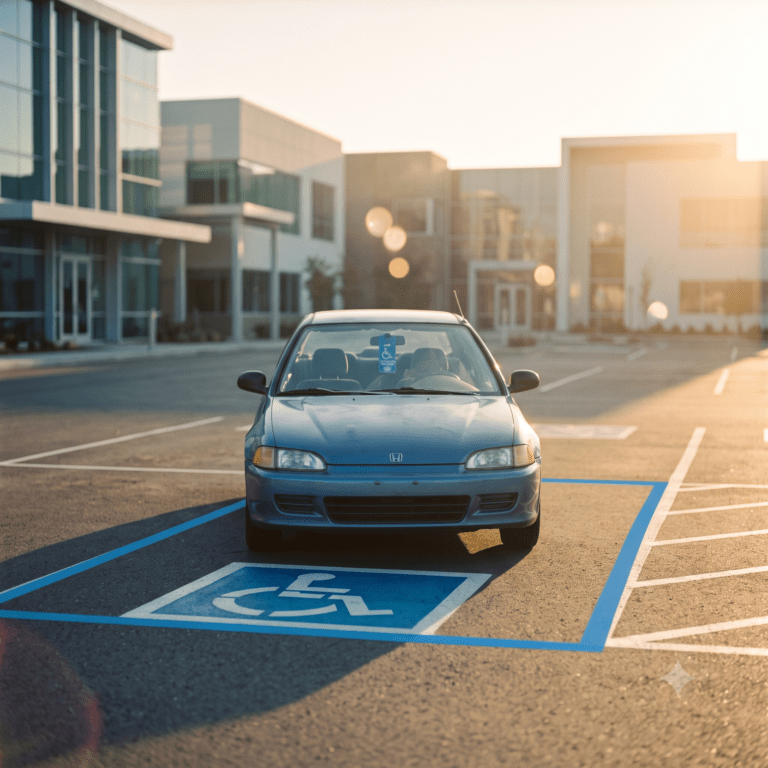 Accessible parking space with a disability parking placard displayed in a car window